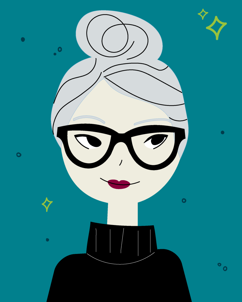 Stylized illustration of a woman with white hair in a bun and black turtleneck on a teal background with small decorative shapes.